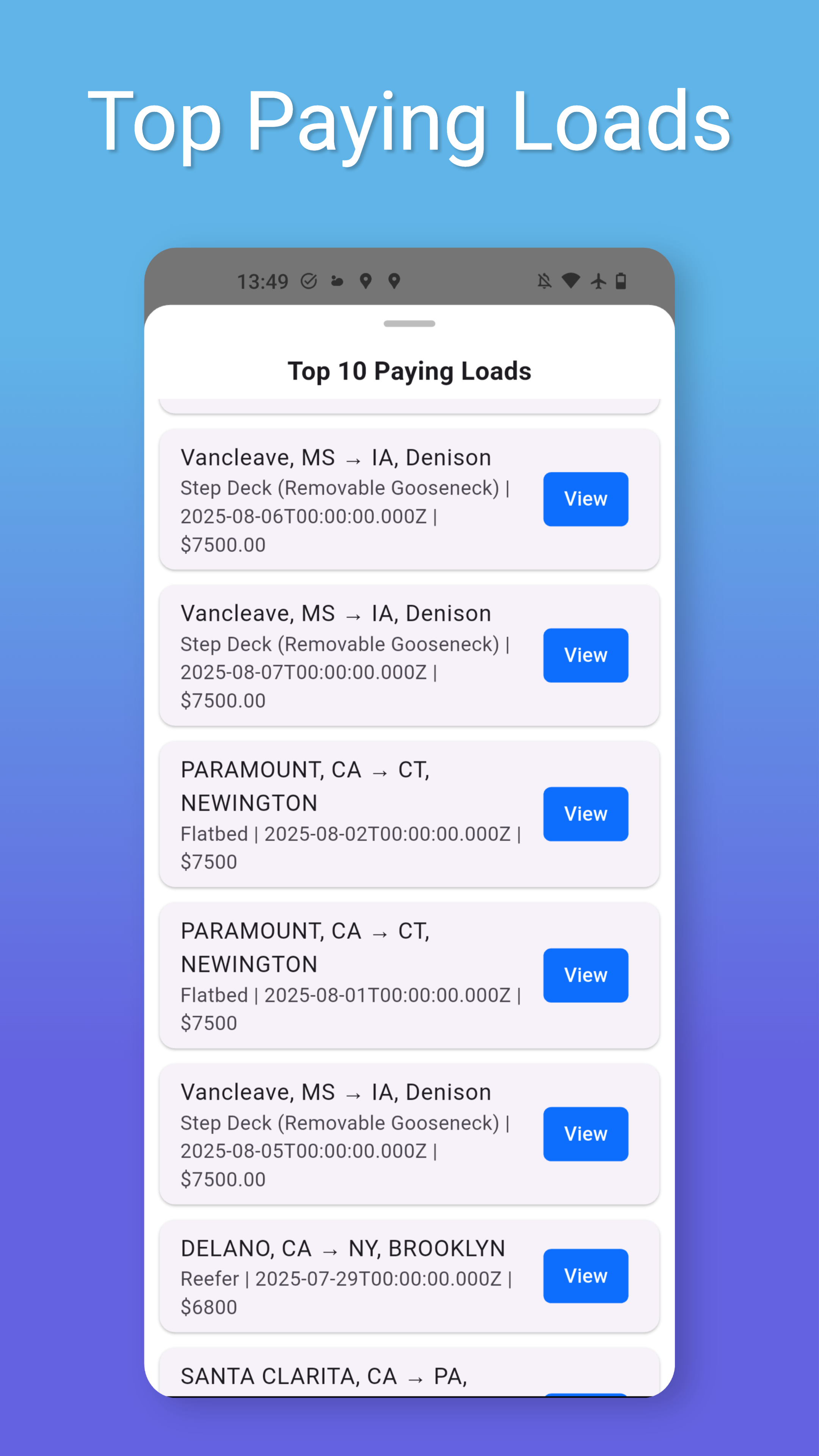 Trucking tools menu in app