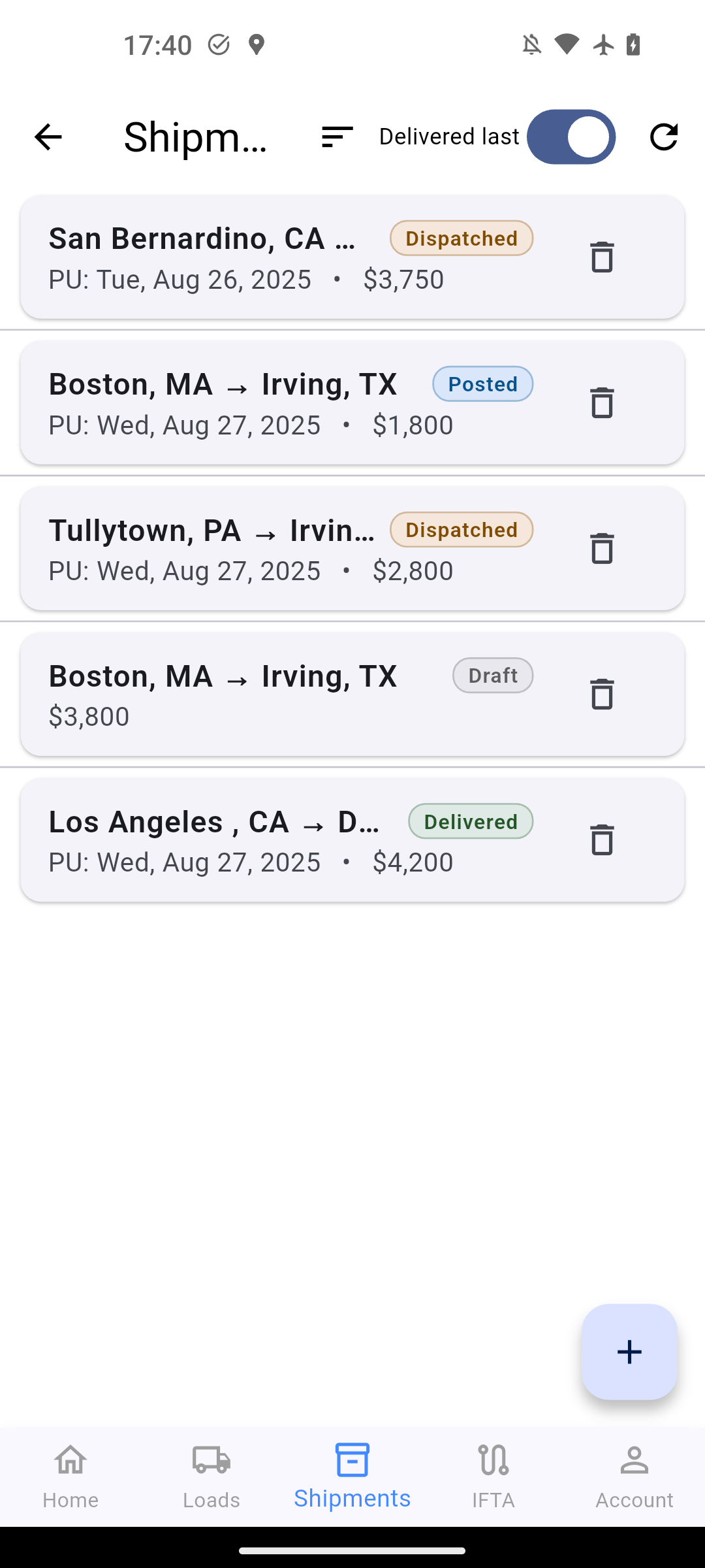 Shipment Manager list with statuses in Trulos app