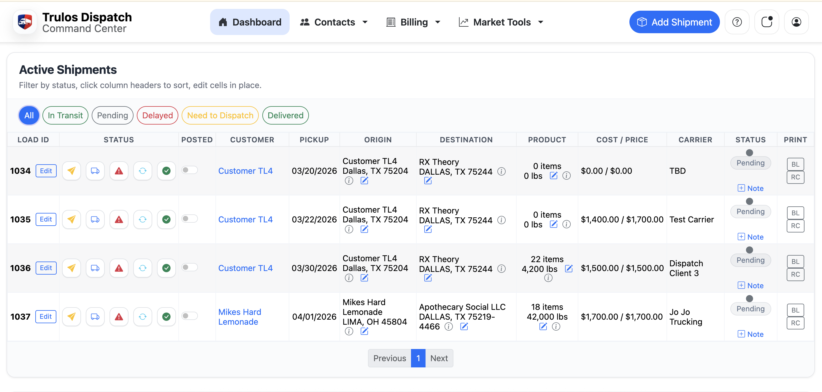 Trulos Dispatch TMS home screen showing active shipments and freight workflow