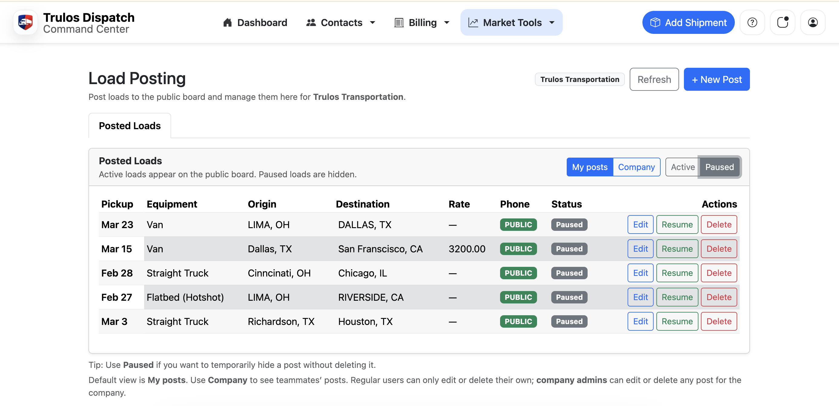 Trulos load posting screen for posting truck loads